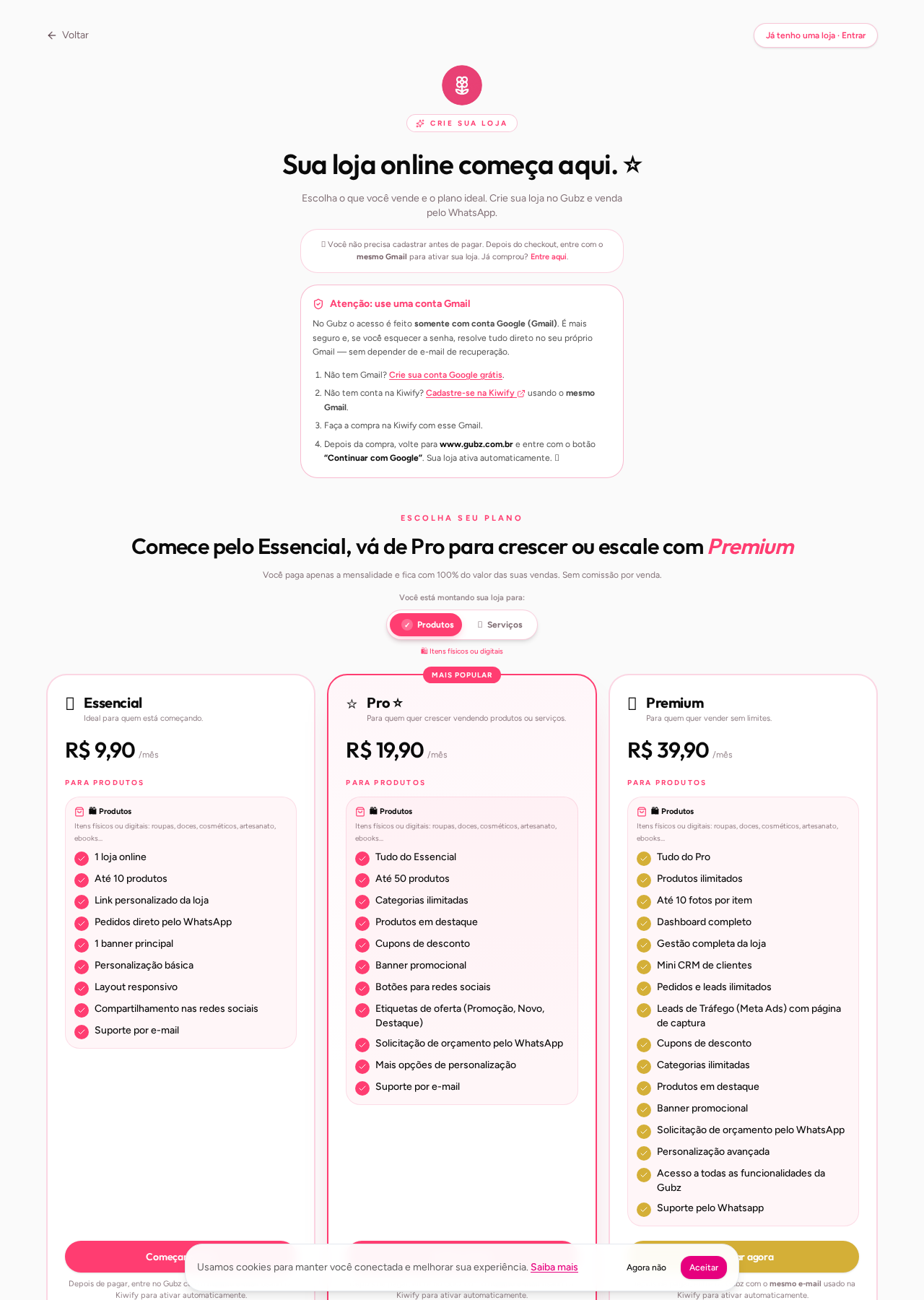 Tela de cadastro: escolha entre Produtos e Serviços