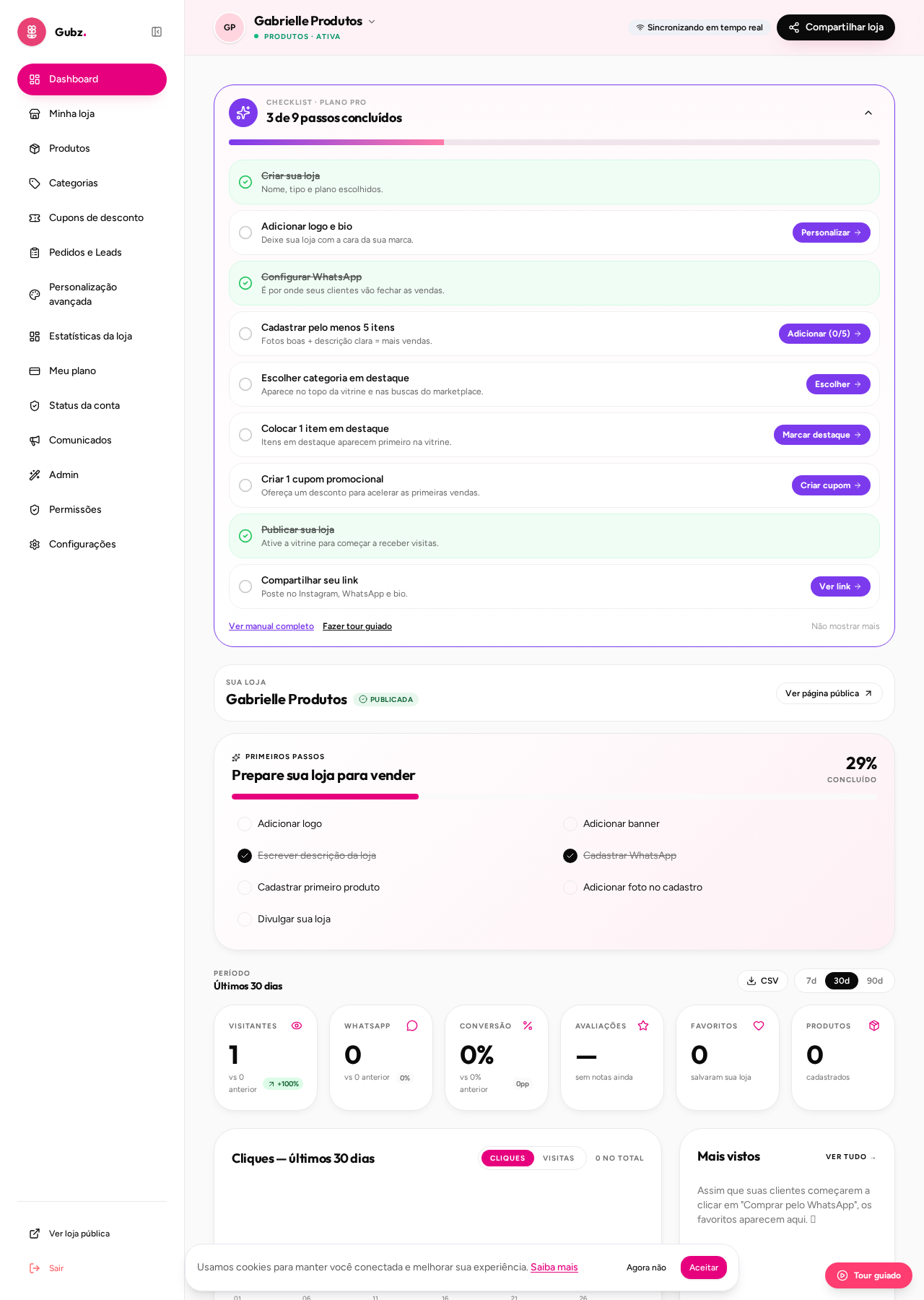 Painel: checklist de primeiros passos e números da loja