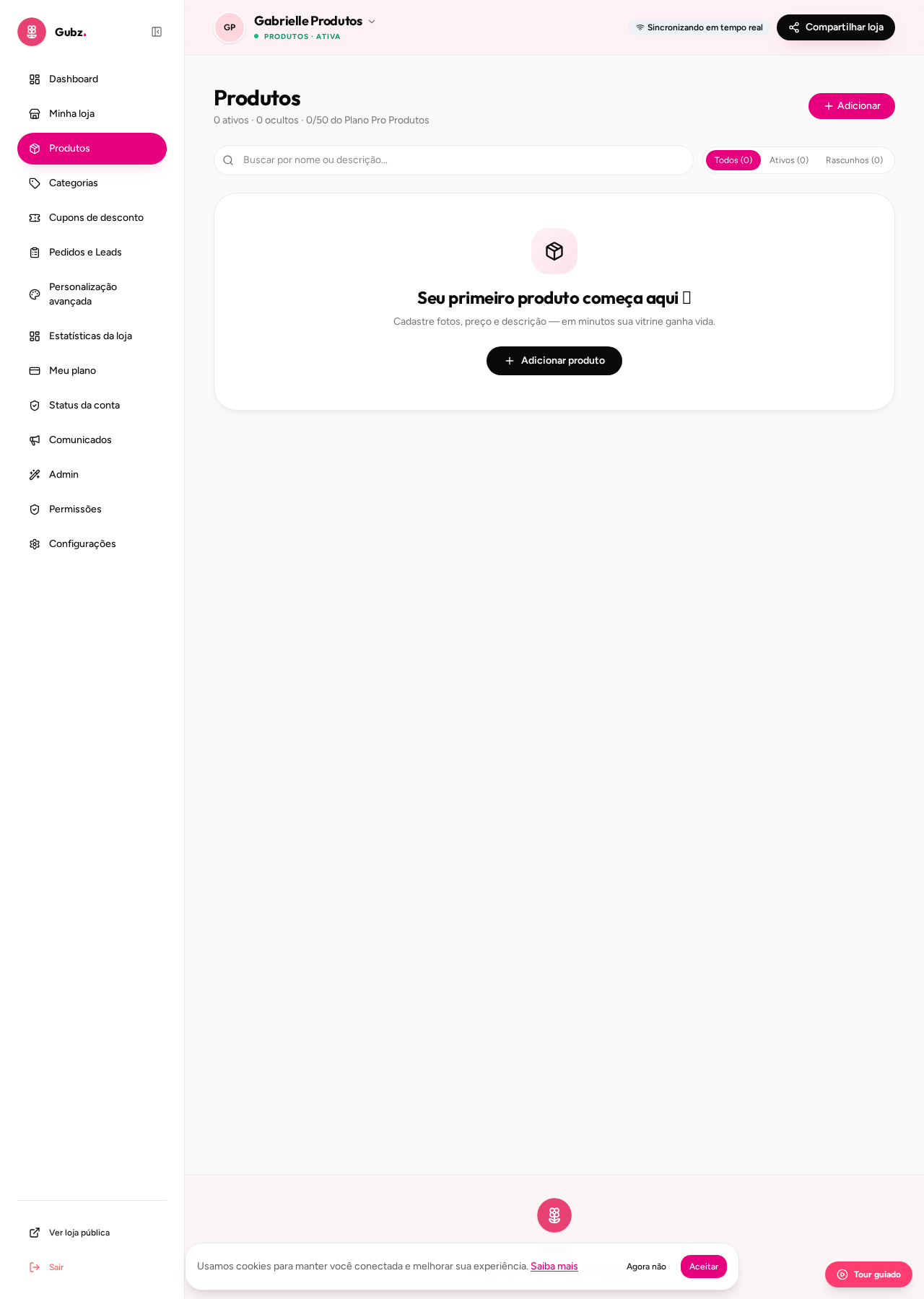 Painel → Produtos: listagem do catálogo