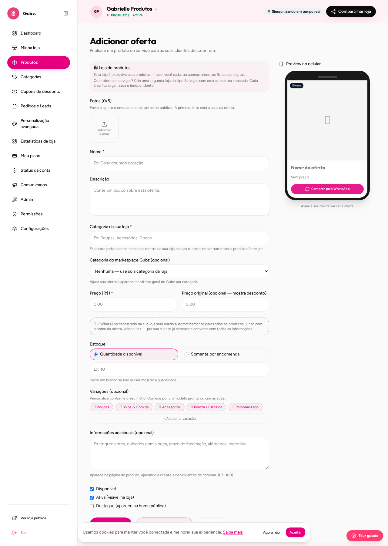 Painel → Produtos → Novo